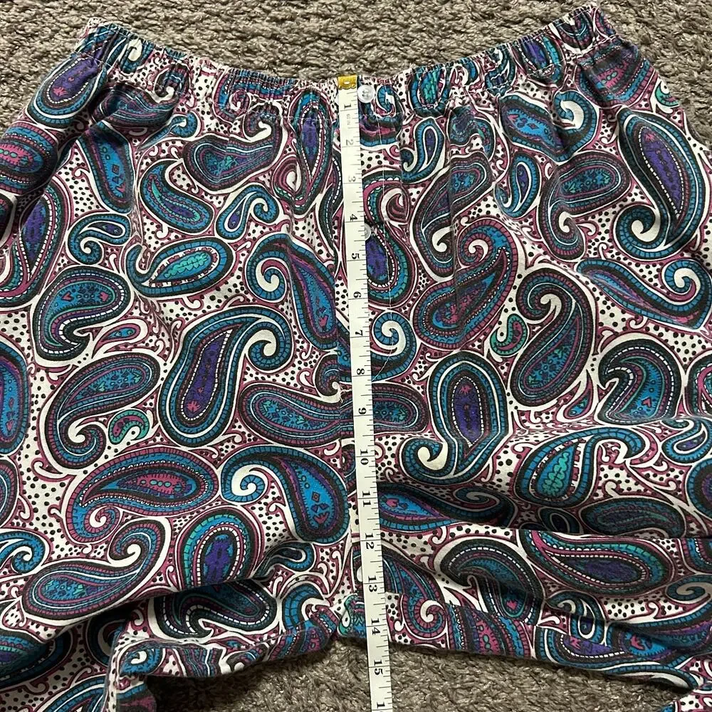 Vintage 80s Paisley Pants Elastic Waist Baggy Wide Leg Unisex Cotton 32-34